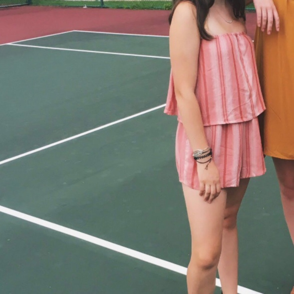 Coral striped strapless romper